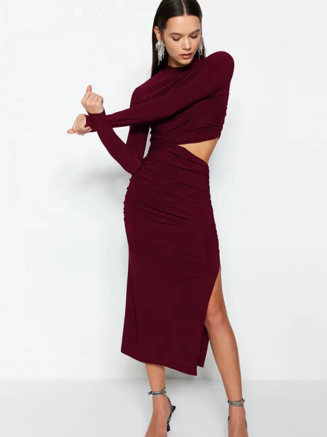 Trendyol TRENDYOLMİLLA Dames Bordeaux Effen Midi Lang Stijlvol/Avond Recht Jurken Bordeauxrood