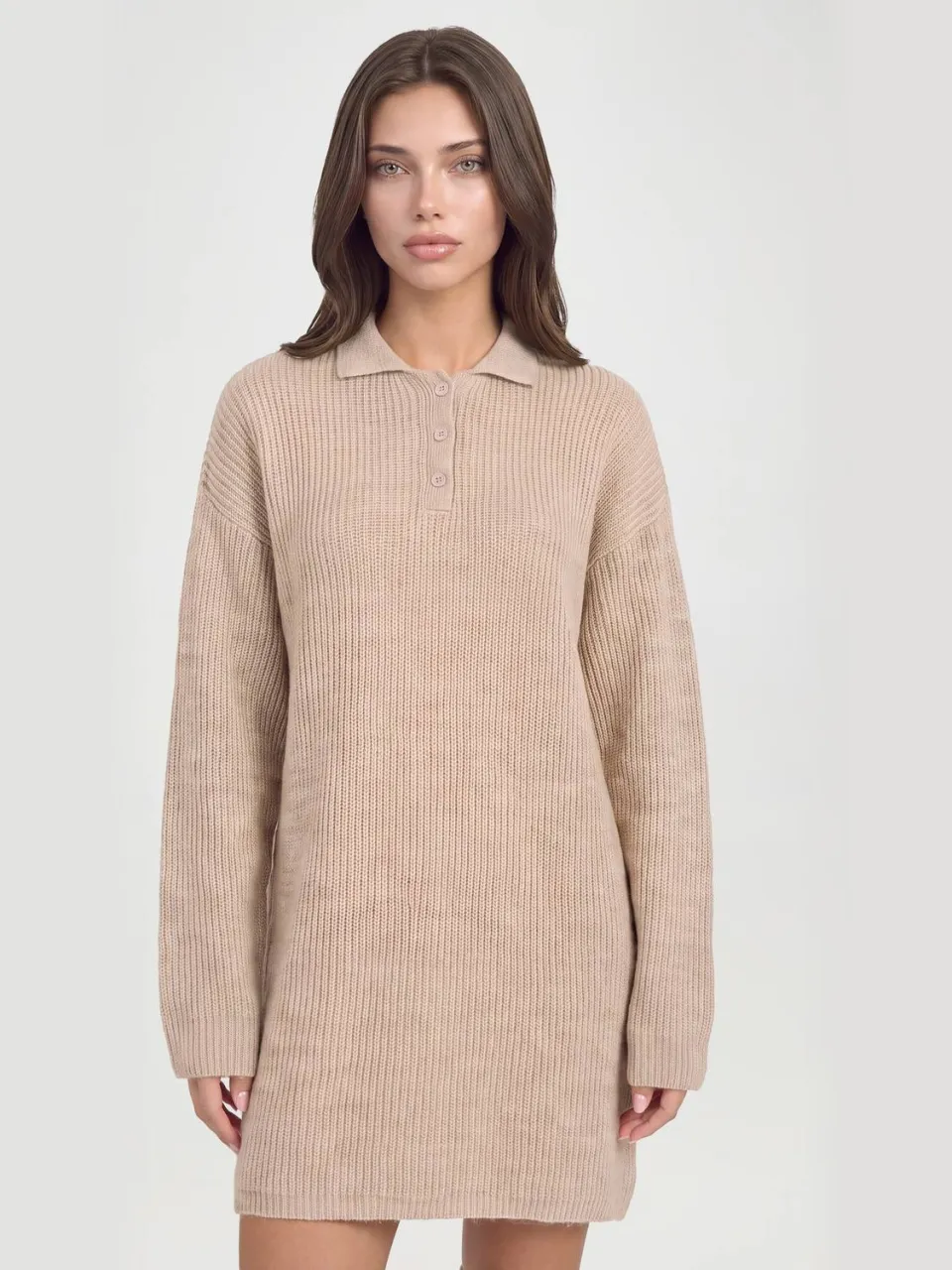 boohoo Dames Oversized Gebreide Mini-jurk Met Kraagdetail In Rugbystijl steen, foto 2