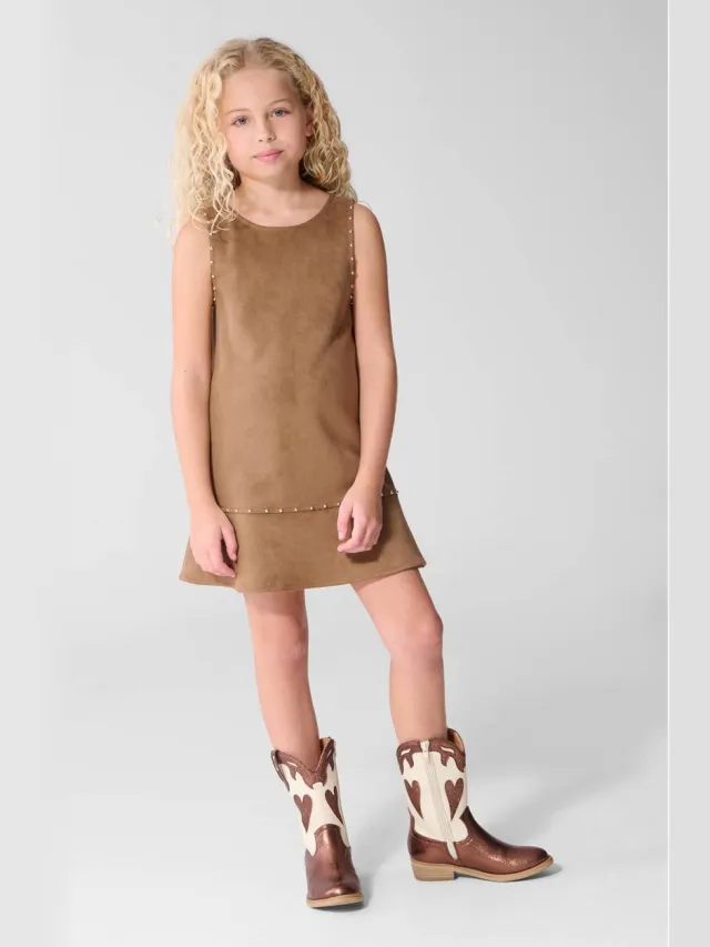Shoeby suède midi jurk met studs lichtbruin