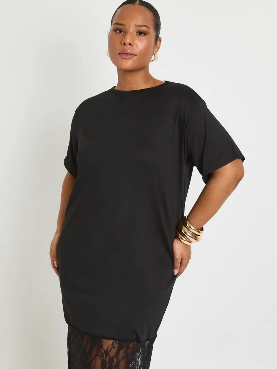 boohoo Dames plus kanten detail midaxi t-shirtjurk zwart, foto 2