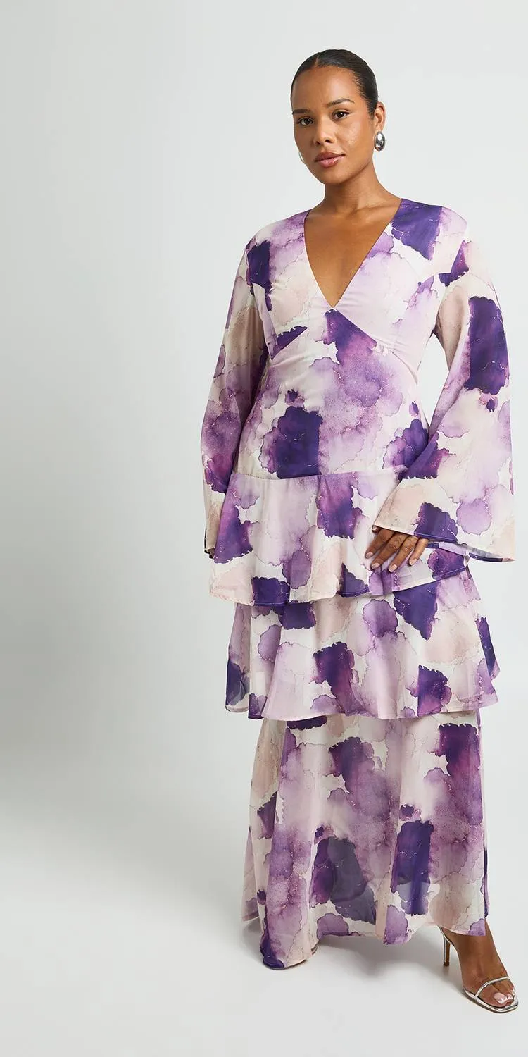 boohoo Dames Plus Chiffon Gelaagde Maxi Jurk Met Lange Mouwen violet, foto 3