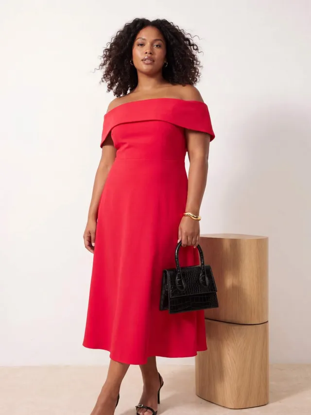 Trendyol Curve Dames Rood Effen Midi Mouwloos Feest Skater Grote maten Jurk
