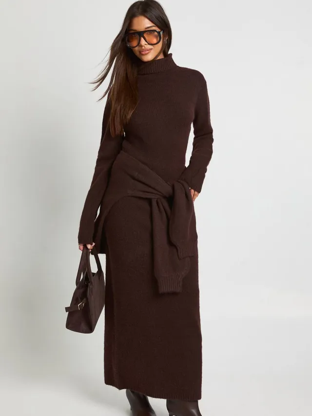 boohoo Dames Rolhals superzachte gebreide maxijurk Chocoladebruin