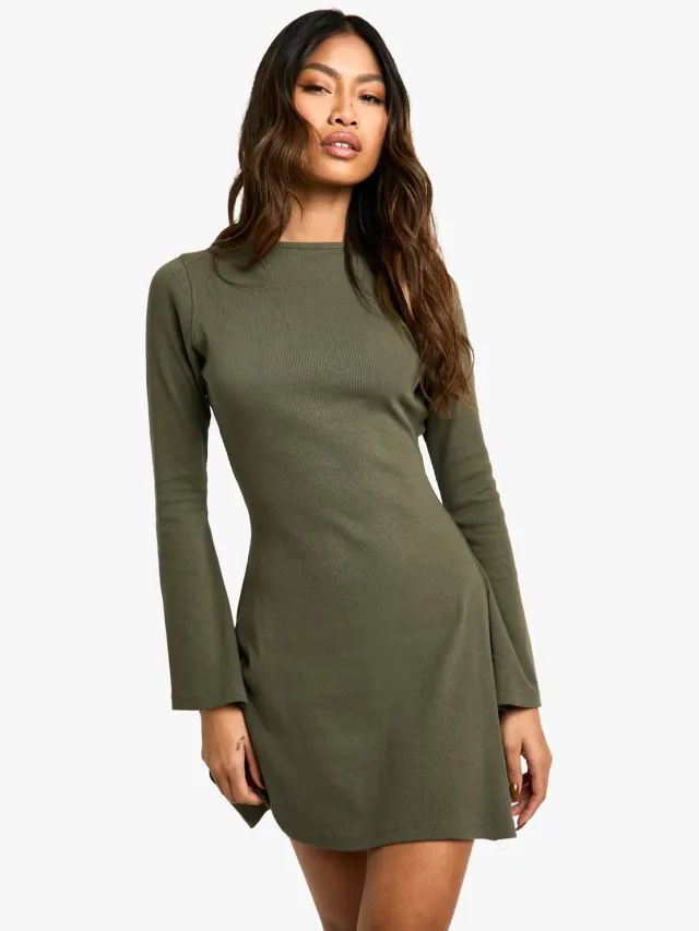 boohoo Dames Geribde Tie Back Shift Jurk Donkere Olijf