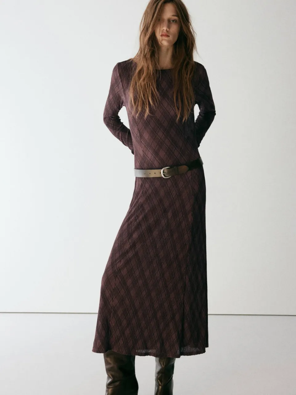 Mango geruite midi jurk - bruin, foto 4