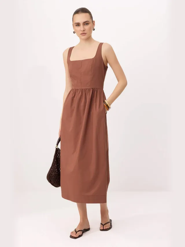 Trendyol TRENDYOLMİLLA Dames Bruin Effen Midi Mouwloos Casual Skater Jurken