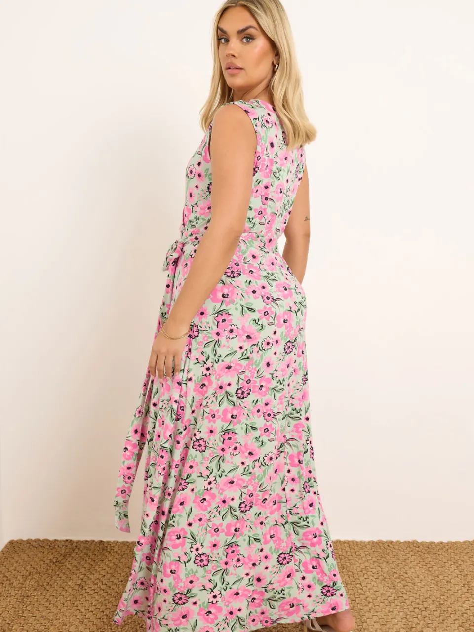 Yours Maxi Jurk Met Bloemenmotief En Omslag In Roze/Lichtgroen-52, foto 2