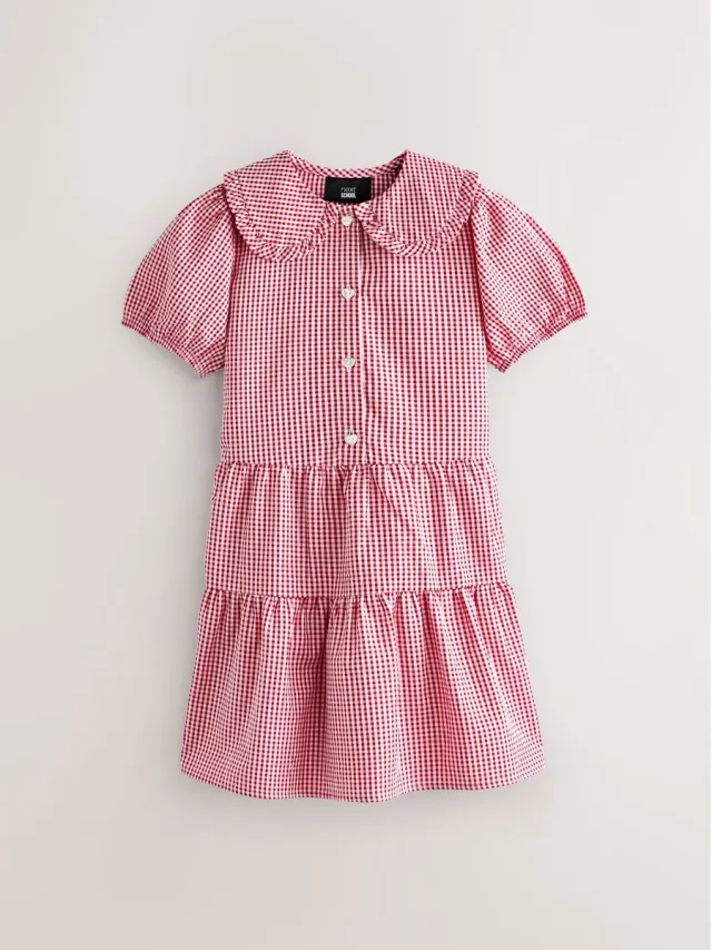 Next Meisjes - Jurk met mooie kraag, van katoenrijk naar school met gingham-ruit - Rood Red