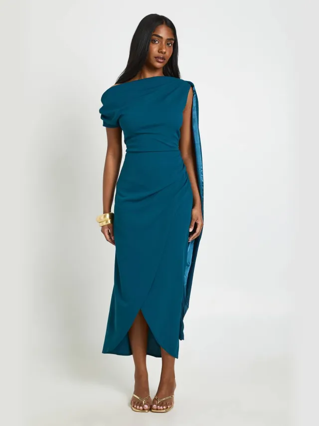 boohoo Dames Gerimpelde Asymmetrische Jurk Met Drapering Midaxi-lengte Groenblauw