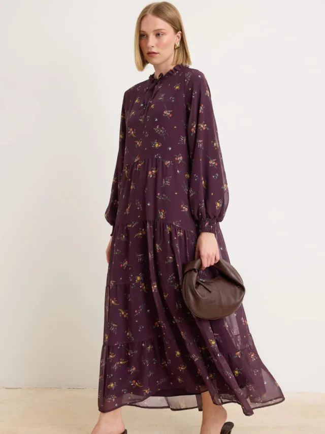 Trendyol Modest Dames Paars Bloemen Maxi Lang Avond / Dagelijks Recht Modest Jurken Rood
