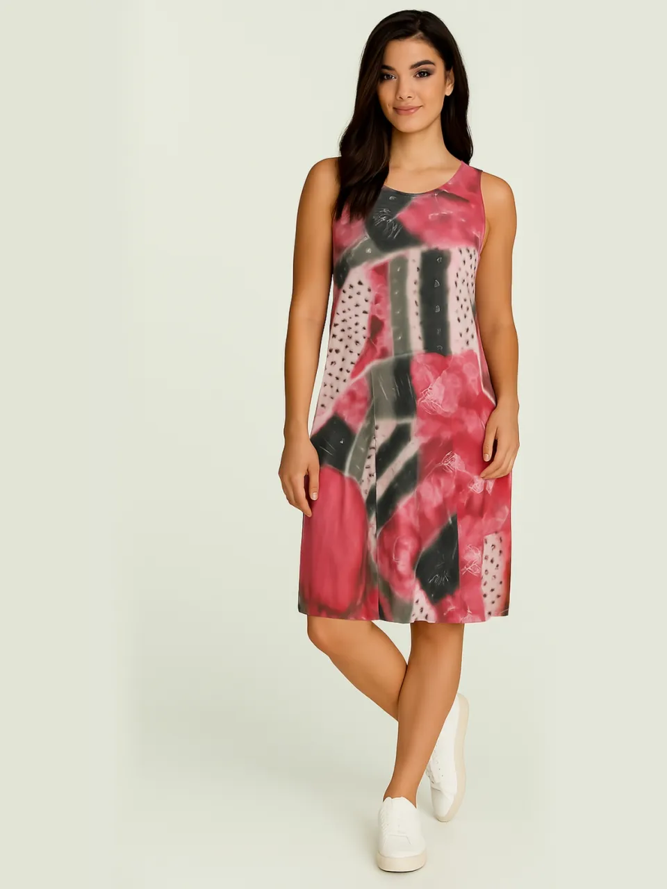 Conquista Mouwloze midi-jurk – abstracte rode print, transparant nylon mesh, volledig gevoerd met katoen Veelkleurig