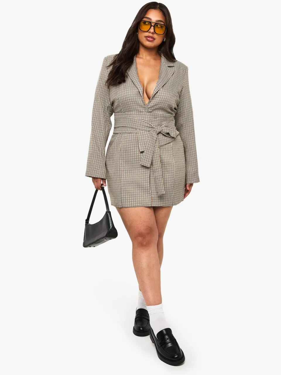 boohoo Dames Plus Obi Check Blazer Jurk steen, foto 3