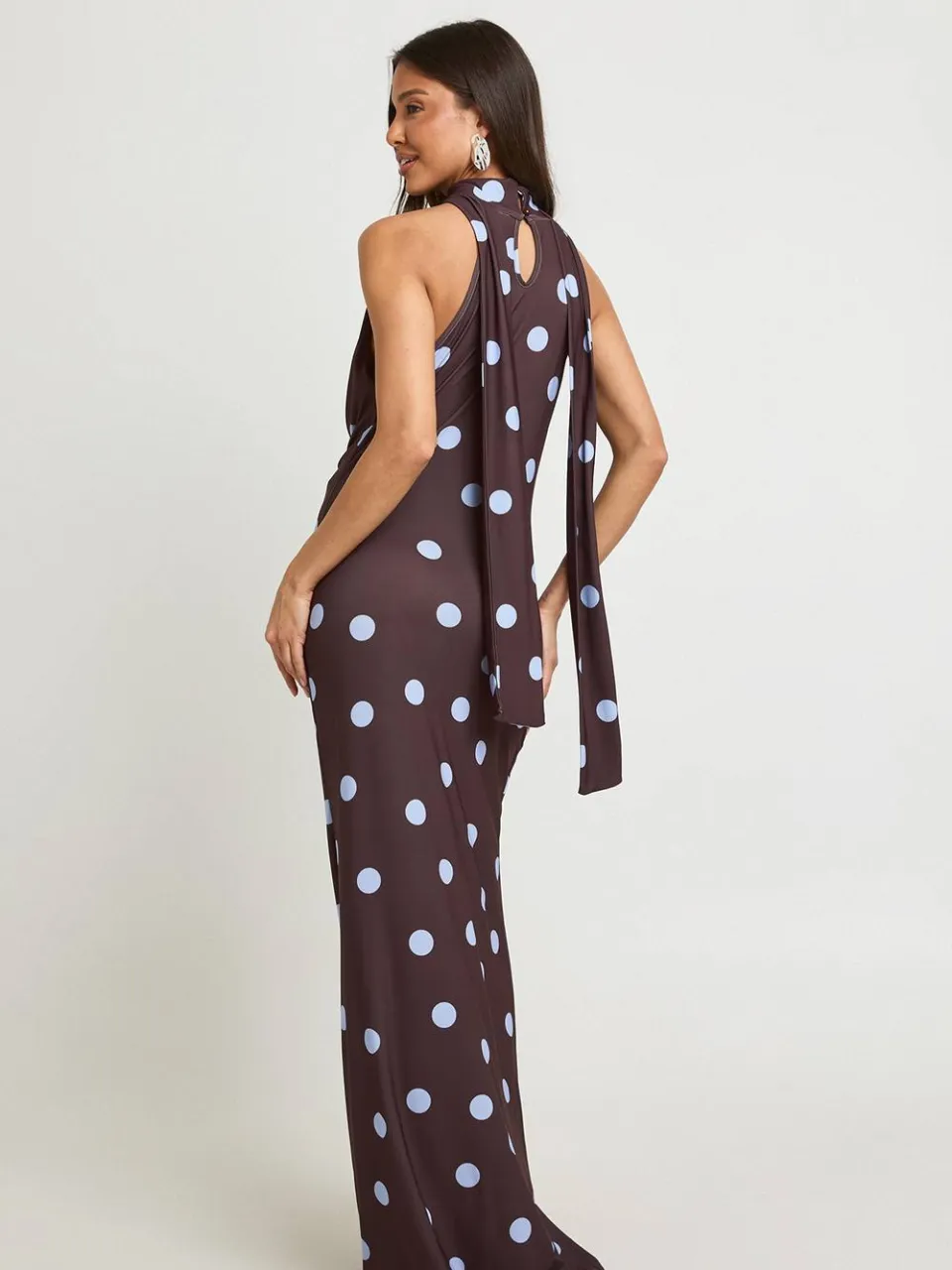 boohoo Dames Maxi-jurk Met Tonale Polkadotprint En Sjaalsdetail chocoladebruin, foto 2