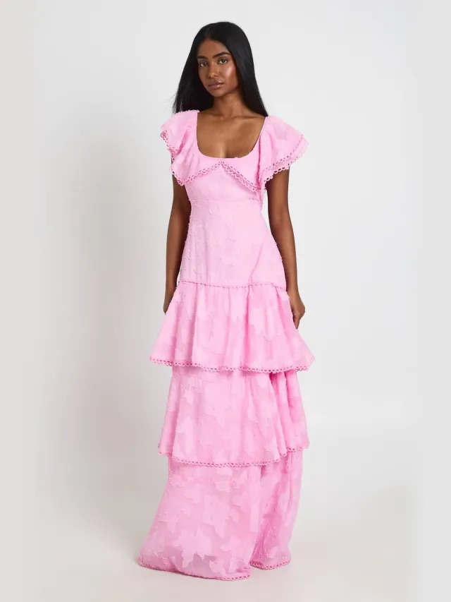 boohoo Dames Gelegenheids Burnout Open Rug Ruche Detail Maxi Jurk Pastelroze