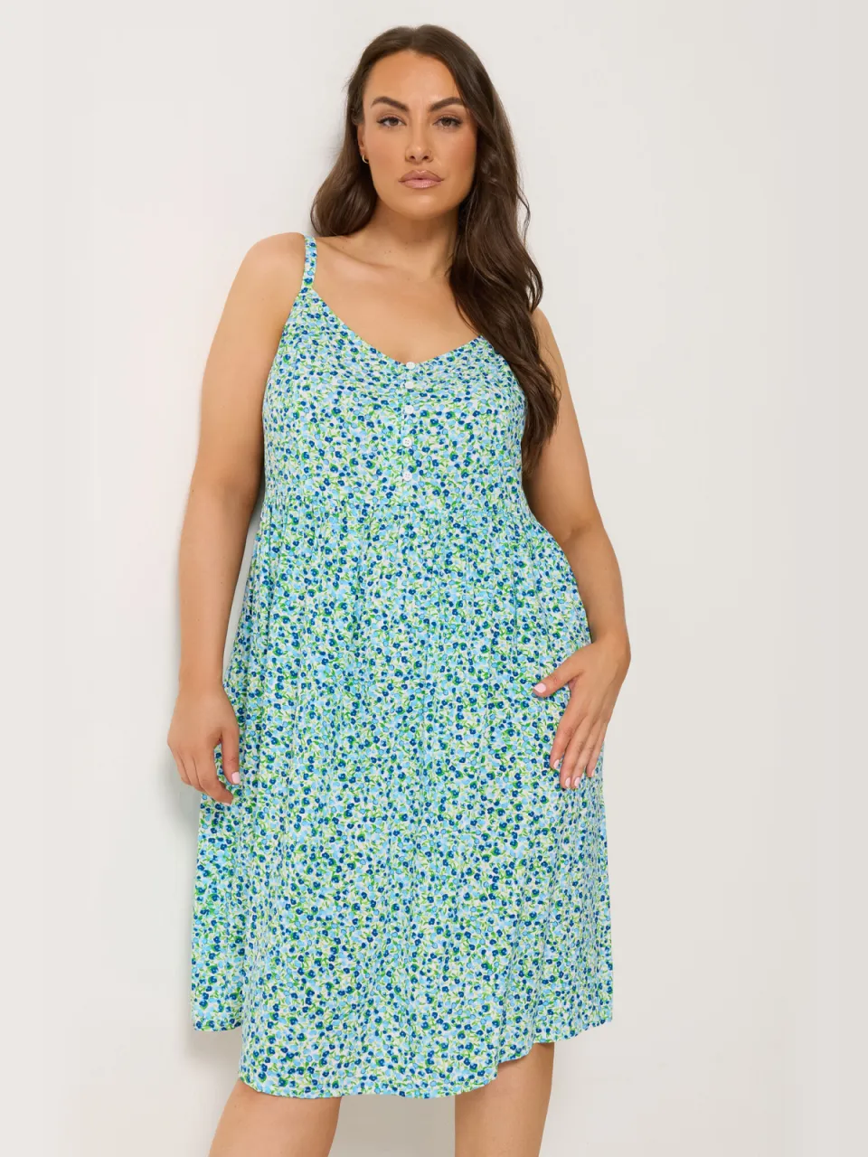 Yours Blauwe Midizomerjurk Met Fijne Bloemenprint En Bandjes-64, foto 2