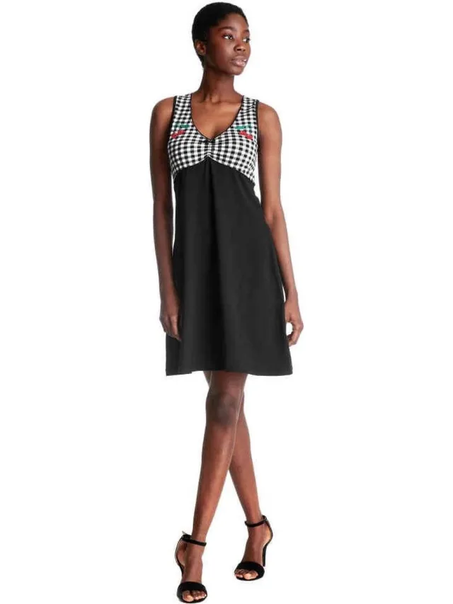 Pussy Deluxe Vichy Cherry Dames Midi-jurk - zwart/wit zwart;wit