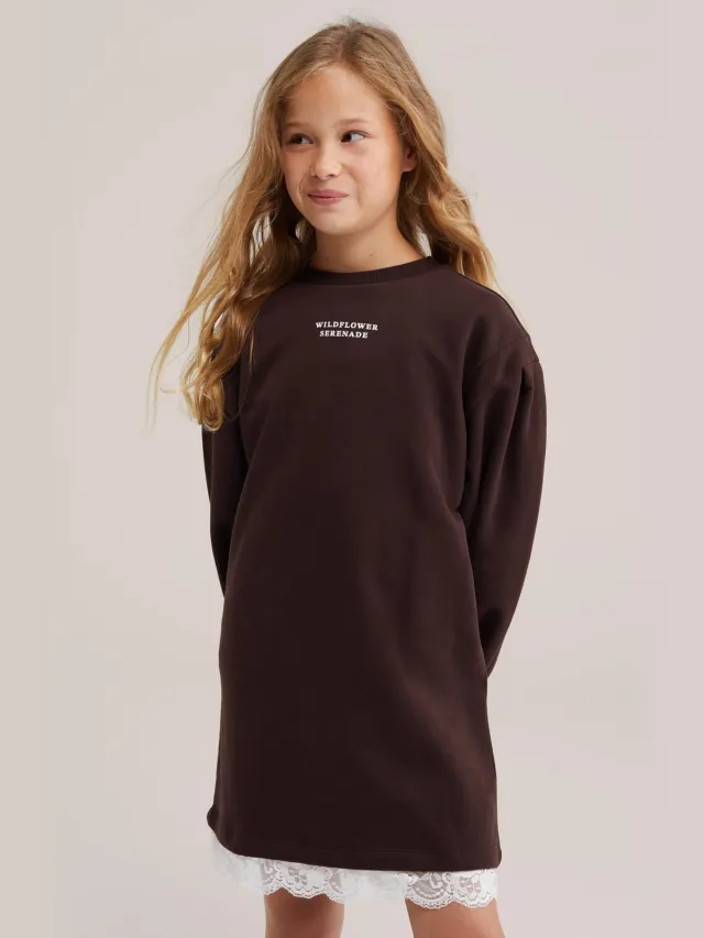 WE Fashion sweatjurk met tekst donkerbruin