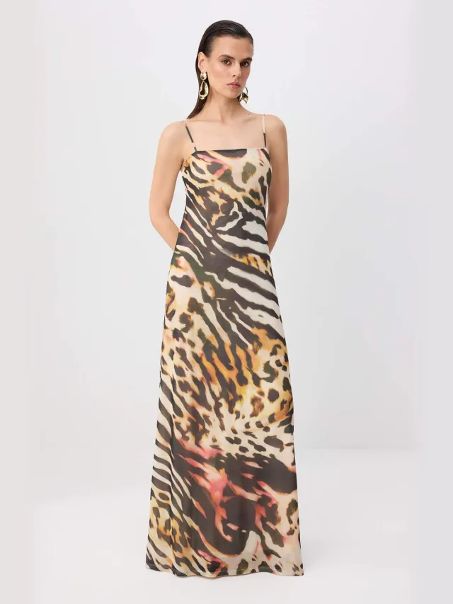 Trendyol TRENDYOLMİLLA Dames Bruin Dierenprint Maxi Mouwloos Recht Avond & Gala Jurk