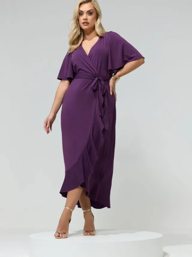 Yours London Paarse Wikkelmaxijurk Met Korte Mouwen En Ruches Purple