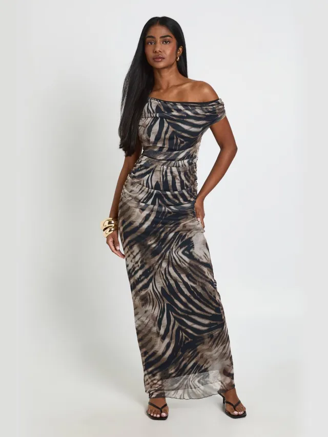 boohoo Dames Maxi Jurk Met Dierenprint, Mesh En Off-shoulder