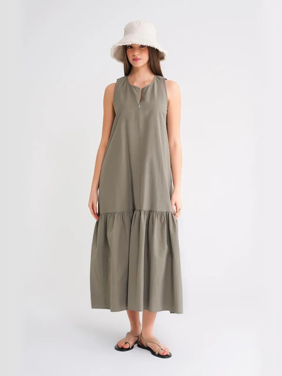 Mixray Maxi-jurk met Kraag en Rimpeldetails Kaki