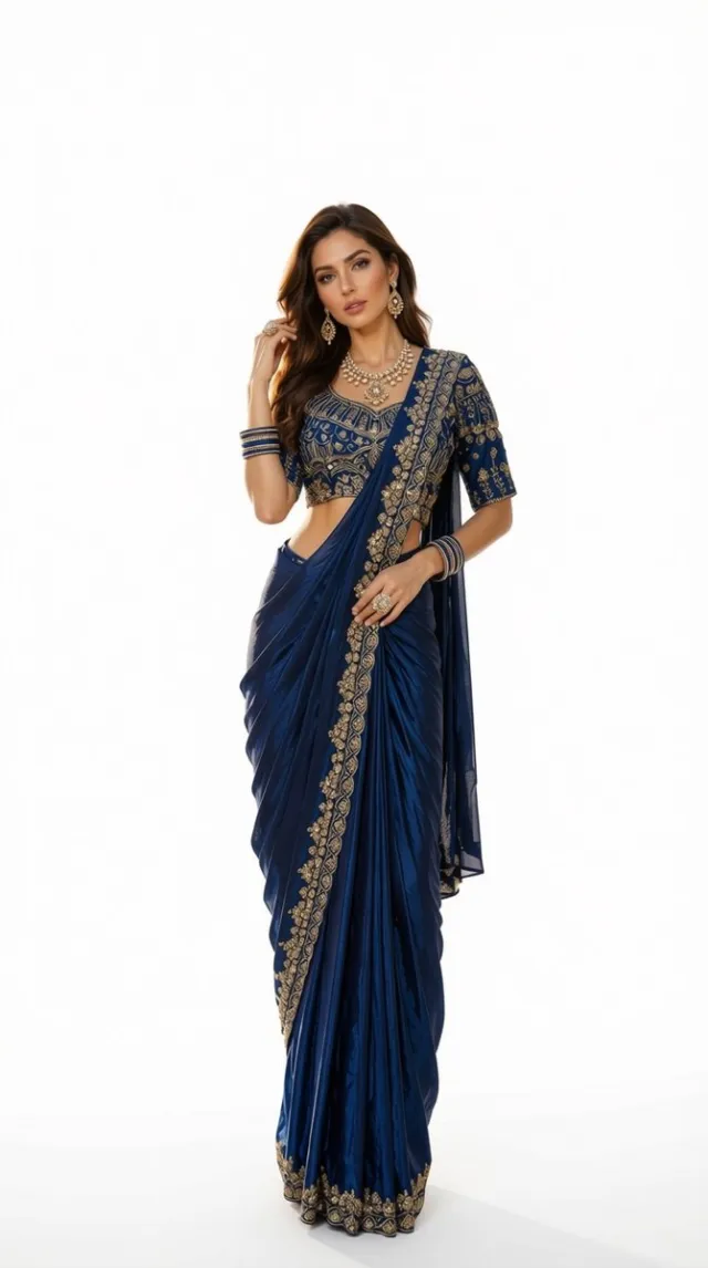 Simhera Threads Navy Blue Designer Saree with Golden Embroidered Border & Heavy Embroidered Blouse