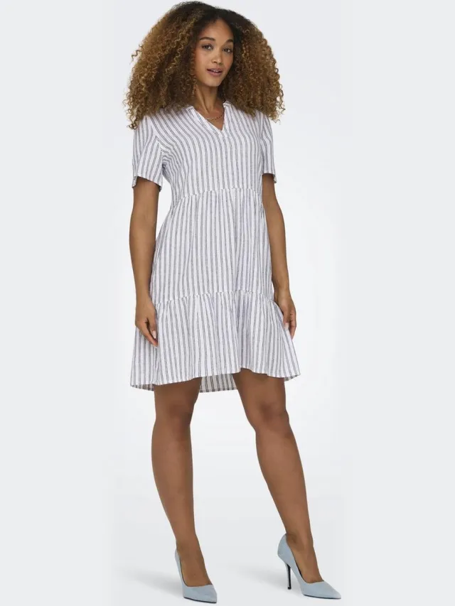 Only ONLTIRI-CARO S/S V-NECK LIN DRESS CC PNT - Dames - Mini jurken Bright White