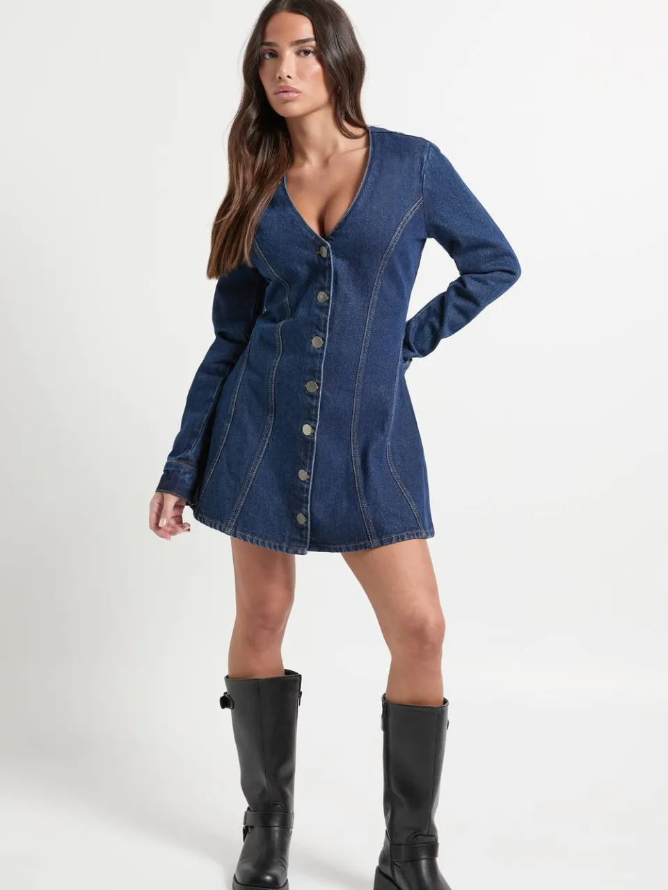 boohoo Dames Petite Flare Mini Jurk met Lange Mouwen indigo, foto 3