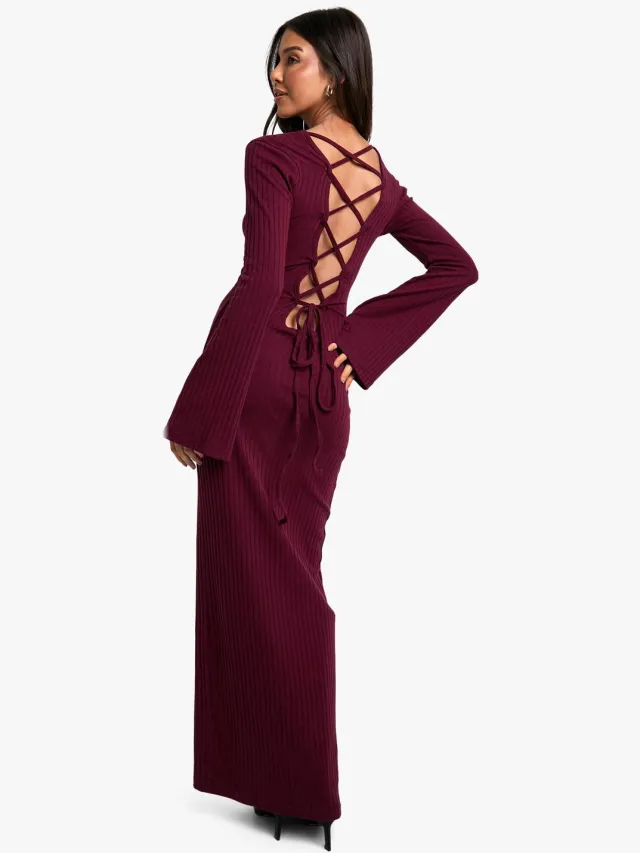 boohoo Dames Wijd geribbelde maxi-jurk met strikband achter en uitlopende mouwen merlot, foto 2
