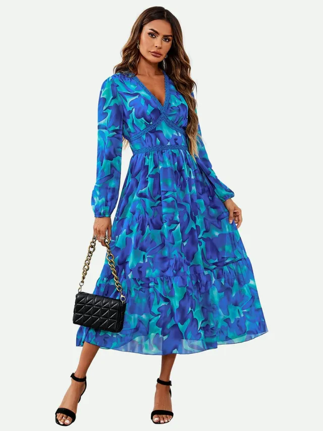 FS Collection Maxi-jurk met lange mouwen en bloemenprint in blauw