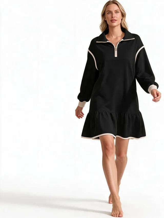Imily Bela Dames Sportieve Mini Jurk met Ritshals en Lange Mouwen zwart
