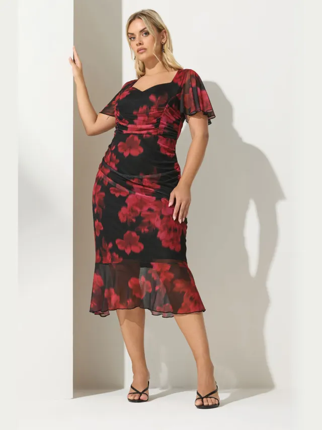 Yours London Rode Bloemen Geplooide Midijurk Red