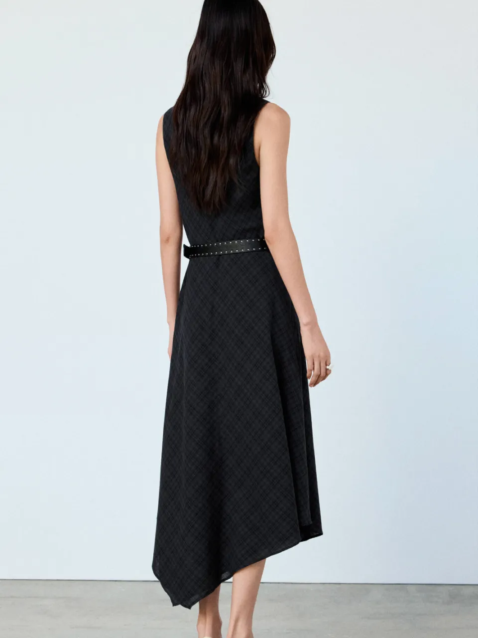 Mango geruite midi jurk met ceintuur - grijs, foto 4