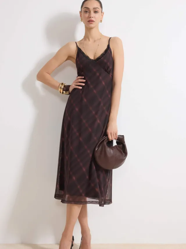 Turkishsouq Maxi-jurk voor dames met ruitjespatroon, mouwloos, geschikt voor overdag en 's avonds. Nauwsluitende bodycon-jurk. Bruin