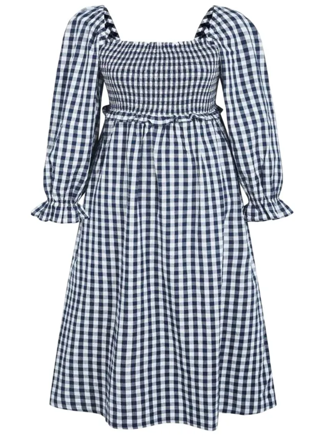 Miso Midi-jurk met lange mouwen en gingham-patroon voor dames (Marine, Wit) Marineblauw