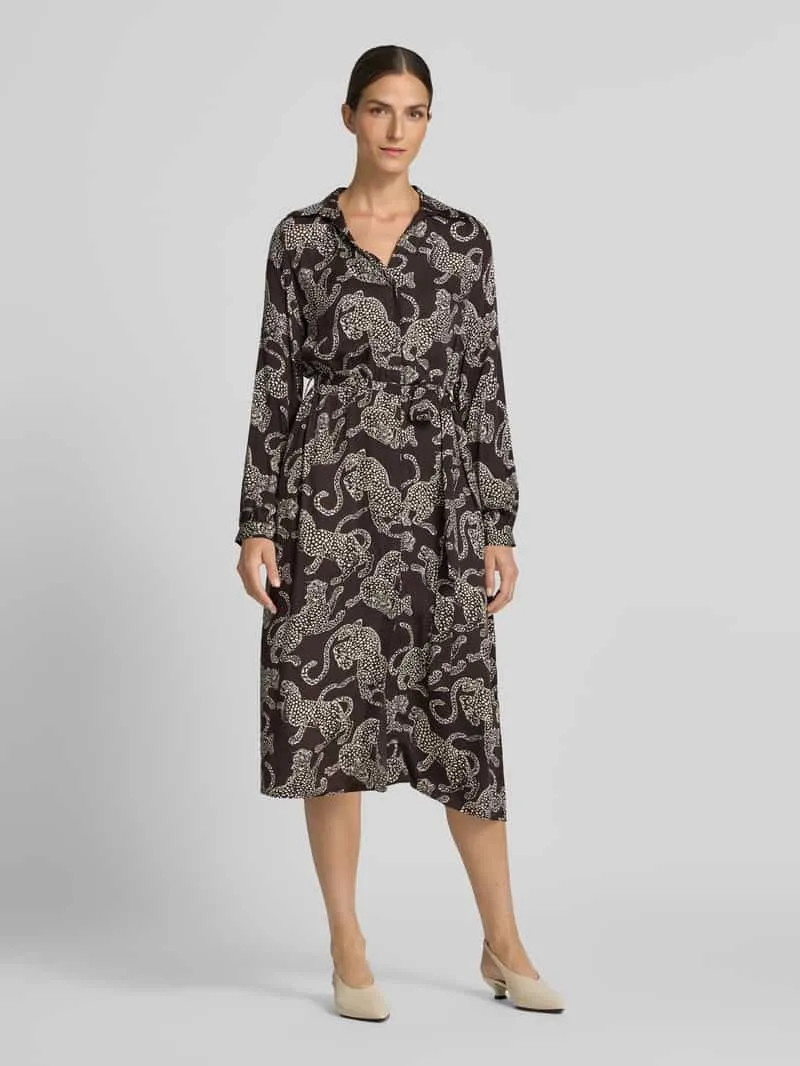 Milano Italy Hemdblousejurk van viscose met bindceintuur donkerbruin, foto 3