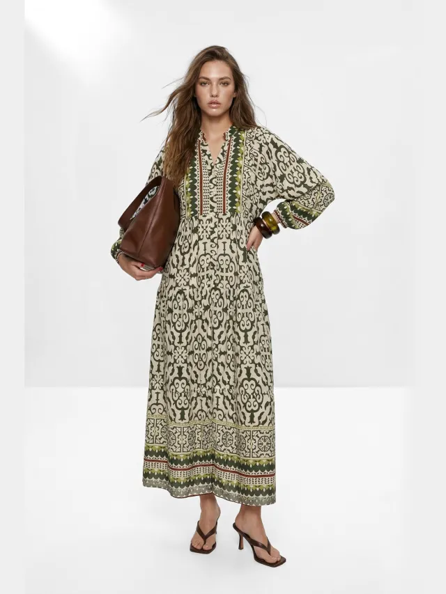 Trendyol Modest Dames Kaki Etnisch patroon Maxi Lang Casual A-lijn Modest Jurken