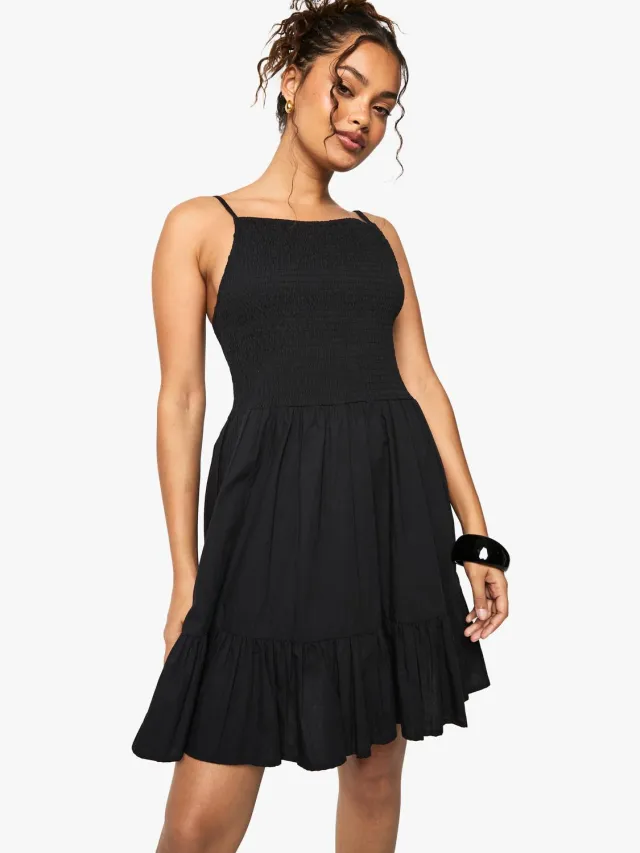 boohoo Dames Shirred Getextureerde Meerlagige Smock Mini Jurk Zwart