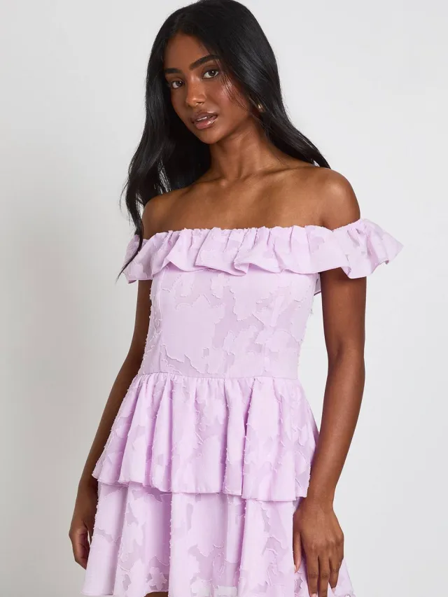 boohoo Dames Getextureerde Bloemen Bardot Mini Jurk Lila