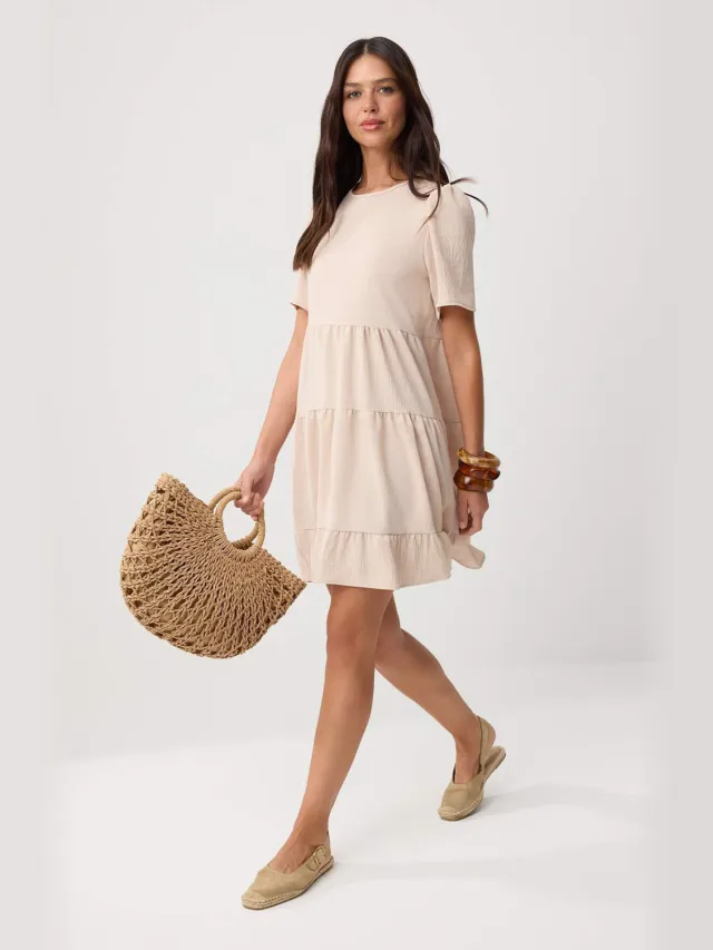 Trendyol TRENDYOLMİLLA Dames Beige Effen Kort / Mini Kort Recht Jurken Gebroken wit