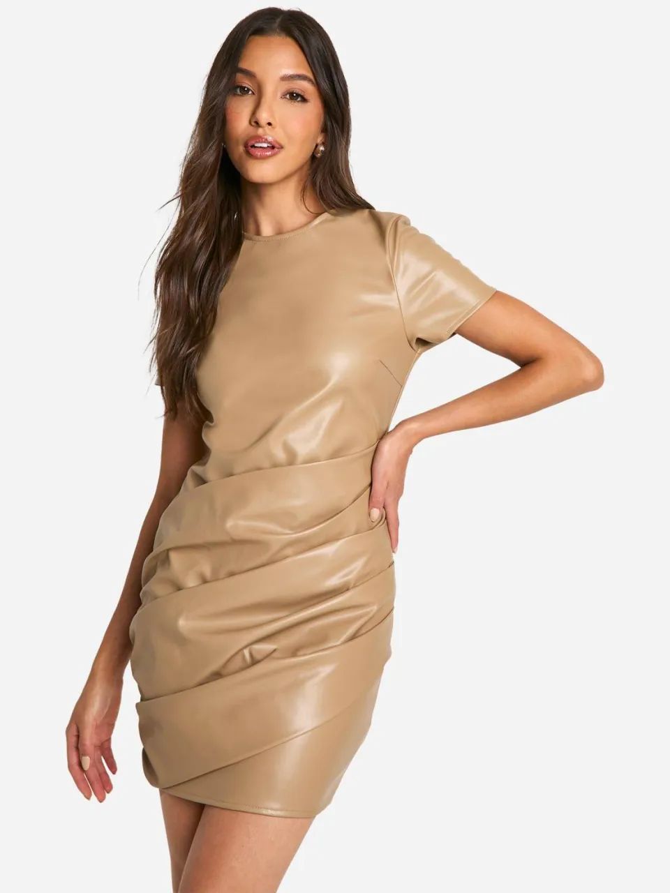 boohoo Dames Pu Wrap Gerimpelde T-shirt Mini Jurk steen, foto 3