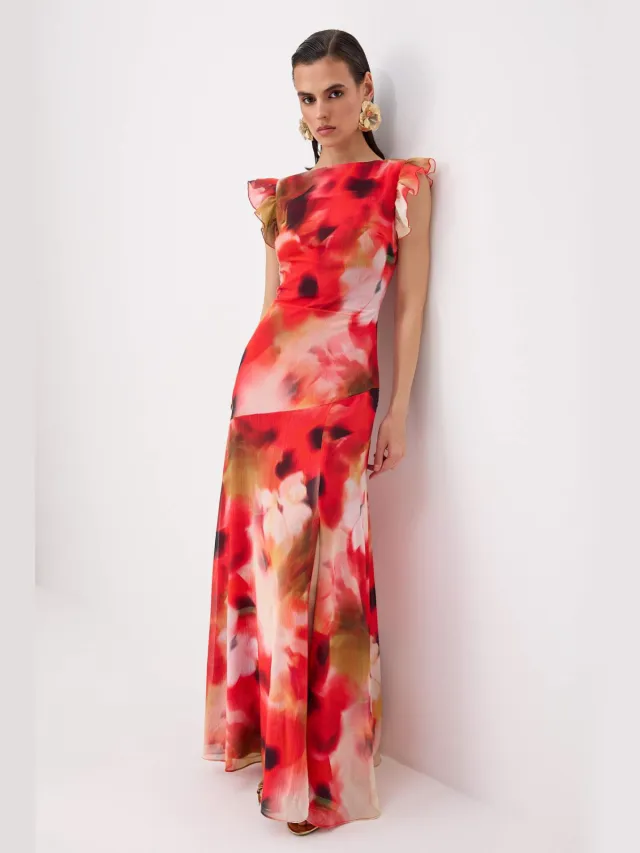 Trendyol TRENDYOLMİLLA Dames Meerkleurig Bloemen Maxi Kort Recht Avond & Gala Jurk Veelkleurig