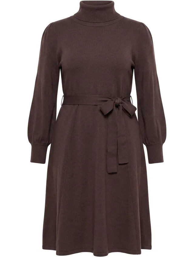 MIAMODA Dames - Gebreide jurk midilengte col ceintuur in de taille - Mahonie - Maat 50+