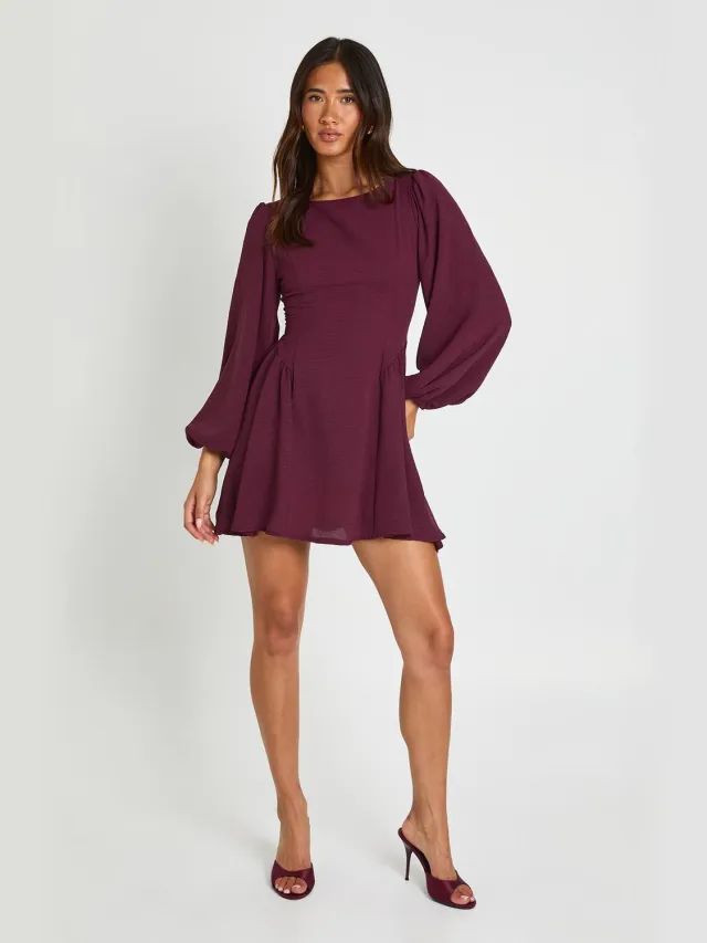 boohoo Dames Mini-jurk Met Gehamerde Structuur En Ballonmouwen Bessen