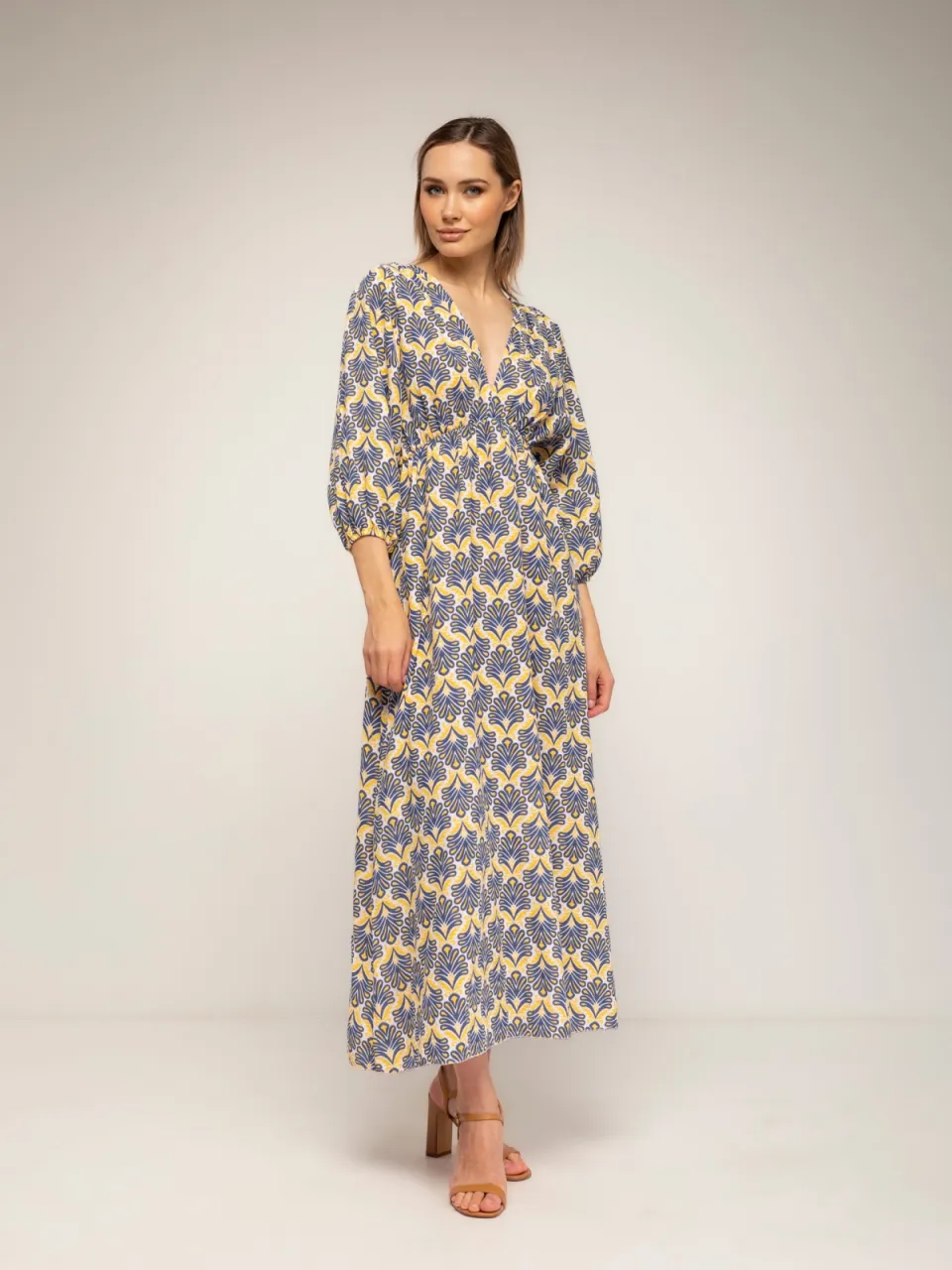 Tantra Geprinte jurk met elastische taille, V-hals en V-rug en vetersluiting marineblauw, foto 2