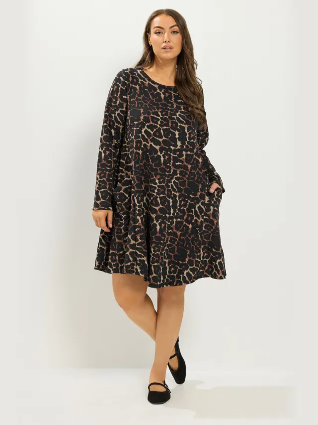Yours Bruine Gedrapeerde Jurk Met Luipaardprint En Zakken-56 Brown