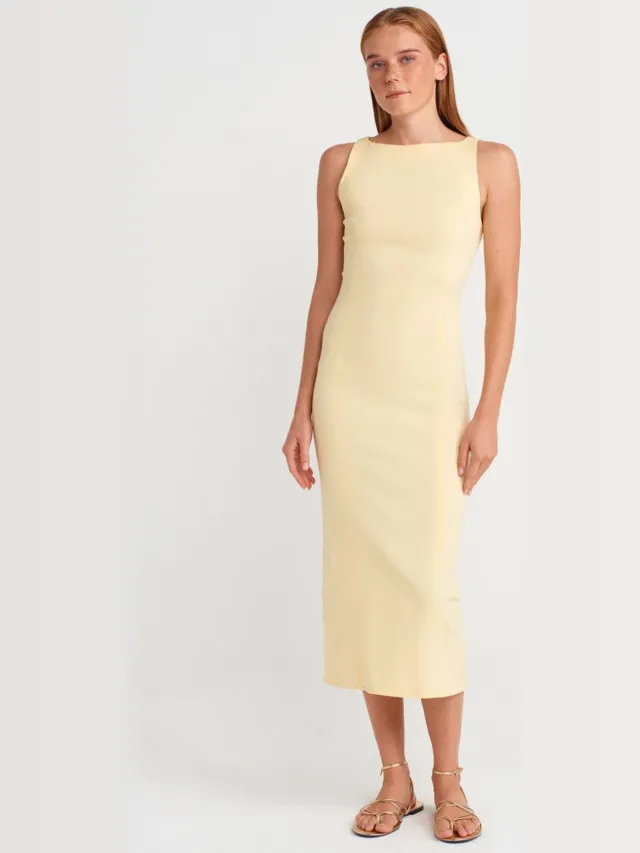 Dilvin Mouwloze Midi Bodycon Jurk met Split Geel