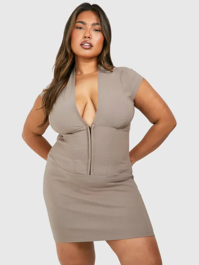 boohoo Dames Plus Corset Hook En Eye Bodycon Jurk Taupe