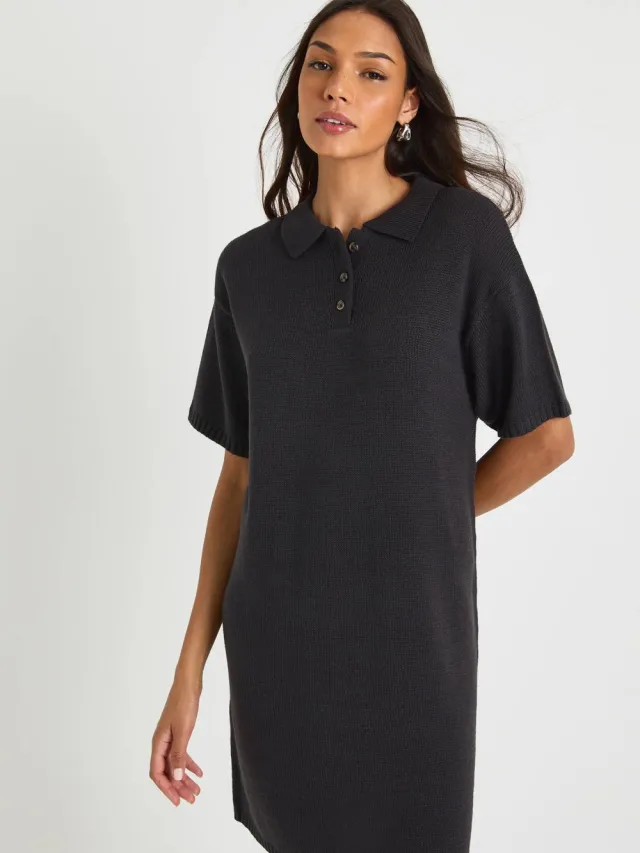 boohoo Dames Lang gesneden oversized gebreide jurk met hoge kraag en knoopsluiting Houtskool