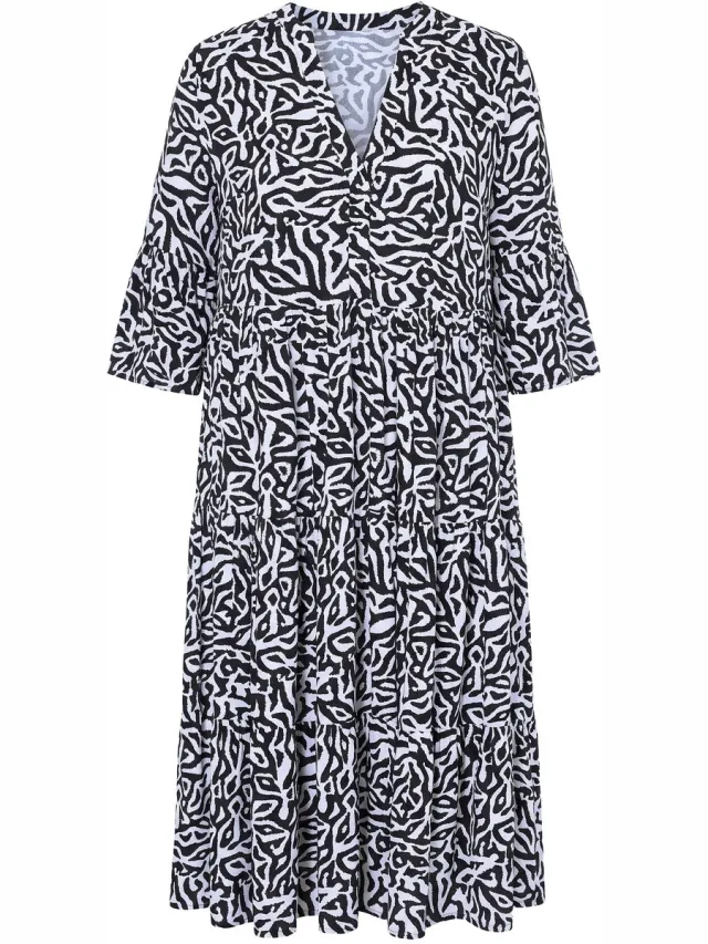 Studio Untold Dames - Midi-jurk A-lijn grafische print volants - Zwart - Maat 46+